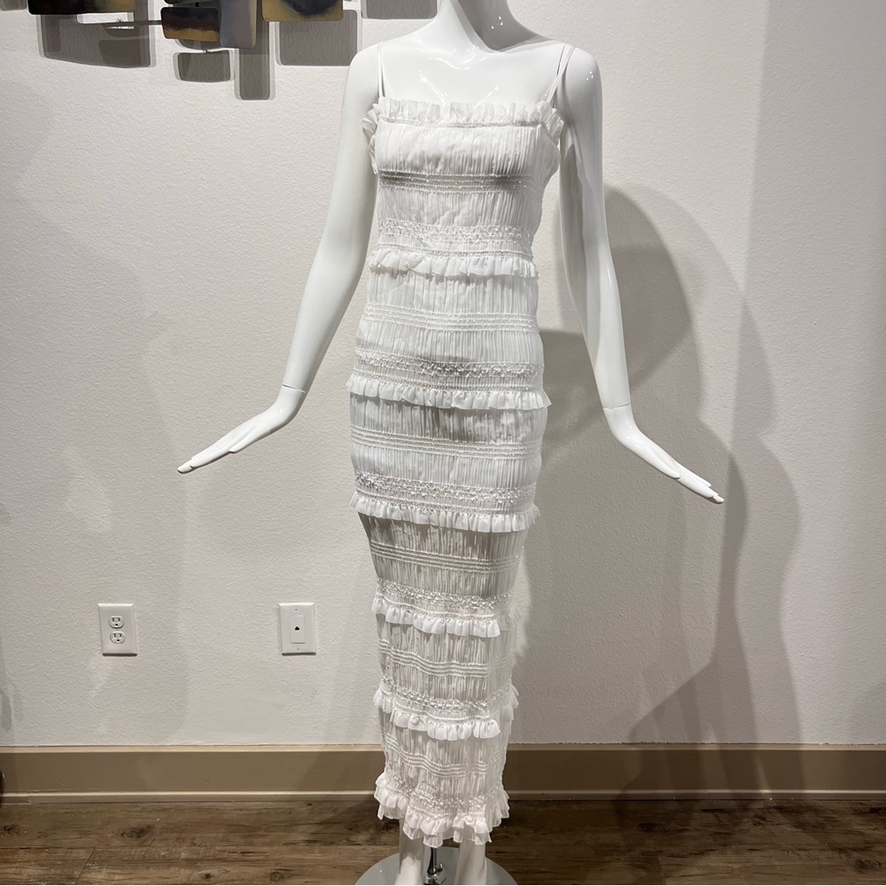 Commense Layered Ruffle Eyelet Long Dress Ruched Smocked Detail Slit Back